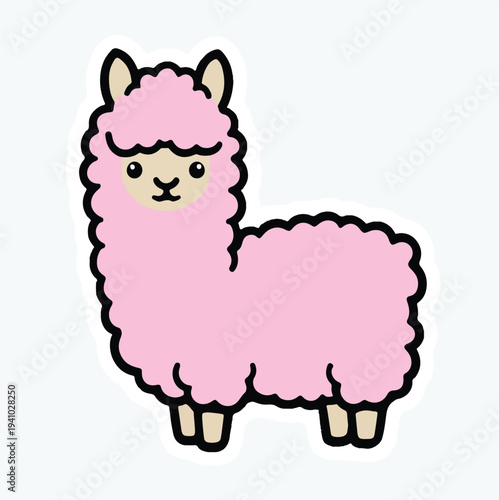 Adorable cartoon illustration of a fluffy pink baby alpaca standing sideways looking forward