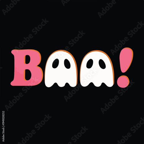Cute cartoon ghost design spells out the word boo with fun lettering on black