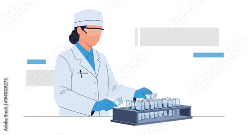 Scientist in lab coat and goggles working with test tubes in a laboratory