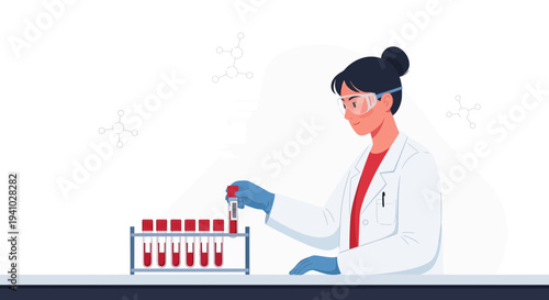 Scientist in Lab Coat Analyzing Blood Samples in Test Tubes for Medical Research