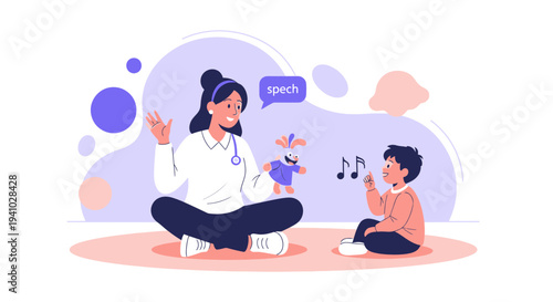 Speech therapist teaching child with toy and music notes, speech therapy concept