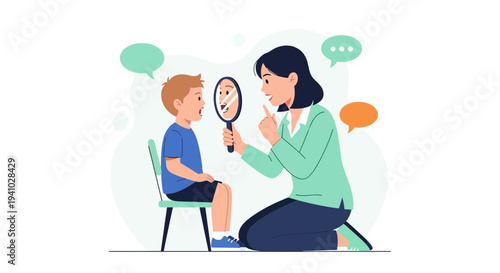 Speech therapist helps child practice pronunciation using a mirror for articulation therapy
