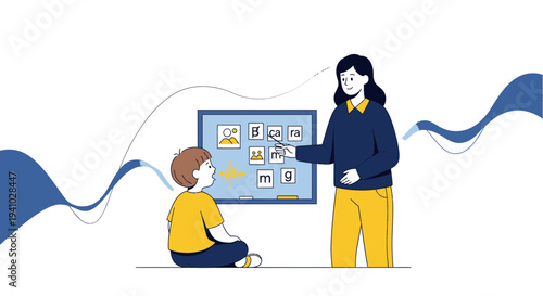 Speech Therapy Session: Child Learning Sounds and Letters with Teacher