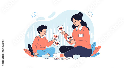 Speech therapist teaching child to pronounce words using mouth flashcards
