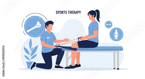 Sports Therapy: Physiotherapist helping athlete with leg rehabilitation using resistance band