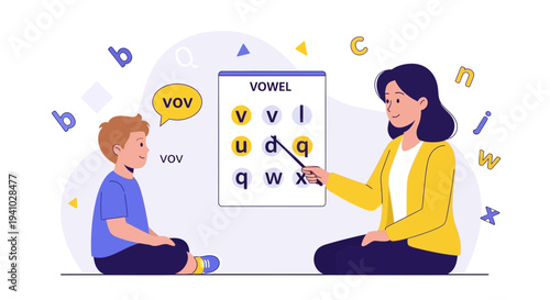 Speech therapy session: child learning vowels with teacher using flashcards
