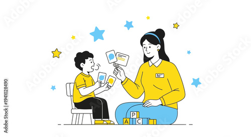 Teacher and child playing with flashcards and blocks, early education and development