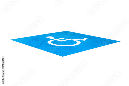 Icon wheelchair accessibility symbol painted on blue disabled isolated on cut out PNG or transparent background. Parking space in public lot. Concept of accessibility, disability and transportation.