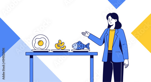 Woman presenting healthy food options: fried egg, vegetables, and fish on table