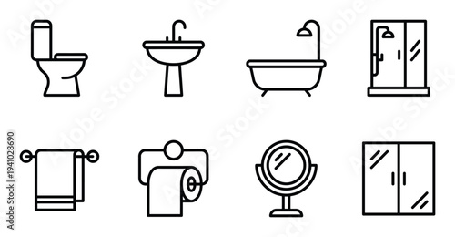 Bathroom interior black line vector icons set of furniture and domestic accessories outline drawing