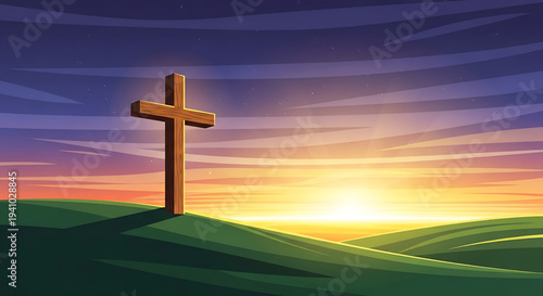 A wooden cross stands in a green field as the sun rises, casting a warm glow over the landscape