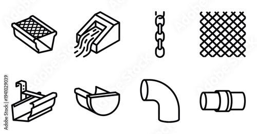 Collection of drainage elements for house gutter system outline icon set one hundred characters
