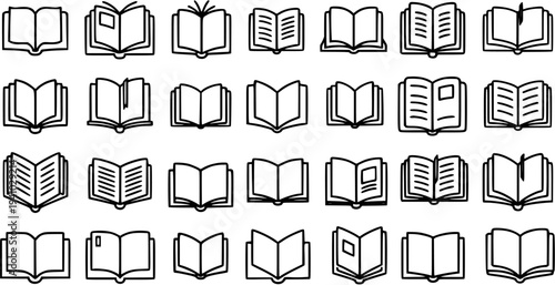 Black and white line art icons of various open books, symbolizing education, knowledge, and reading