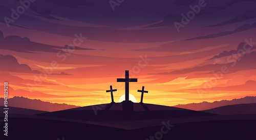 A solemn yet hopeful illustration depicting three crosses silhouetted against a breathtaking sunset sky, symbolizing redemption, sacrifice, and enduring faith on a tranquil hill