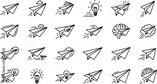 Black and White Line Art of Paper Airplanes Icons for Business and Ideas