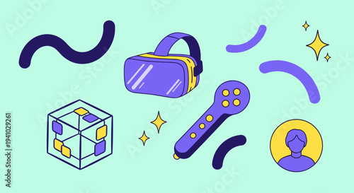Virtual reality headset and controller with abstract shapes and user icon on pastel background