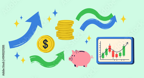 Financial growth concept with piggy bank coins and stock chart illustration