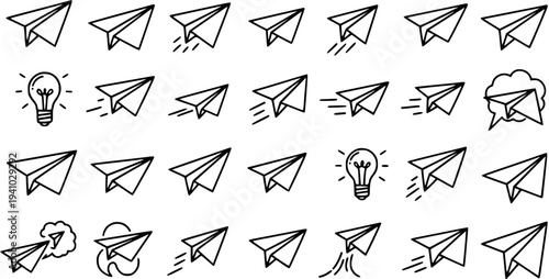Black and White Line Art of Paper Airplanes and Lightbulb Icons for Technology and Ideas
