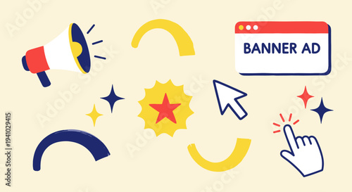 Digital advertising elements with megaphone and cursor for online promotion