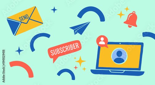 Email notification subscription concept with laptop and envelope on abstract background