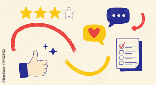 Customer feedback icons with stars and thumbs up for reviews