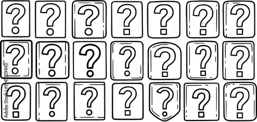 Black and White Line Art Question Marks in Boxes, Concept of Mystery, Unknown, Inquiry