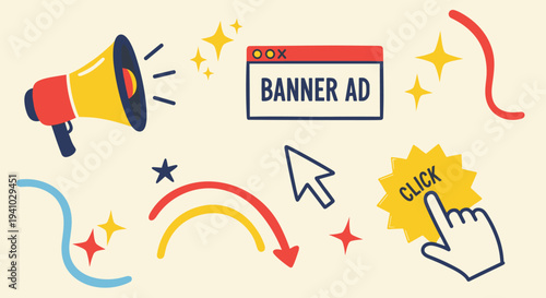 Megaphone and banner ad icons with click hand and cursor for digital marketing and advertising