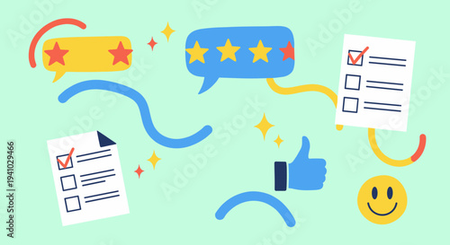 Customer feedback survey and review elements on a pastel background with abstract shapes