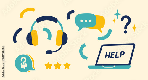 Customer support headset laptop help icon and stars flat design for online assistance
