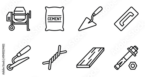 Construction site equipment icons set cement mixer bag cement trowel barbed wire and bolt