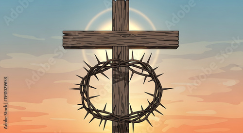 Wooden cross and crown of thorns against a warm sunset sky, symbolizing faith and sacrifice