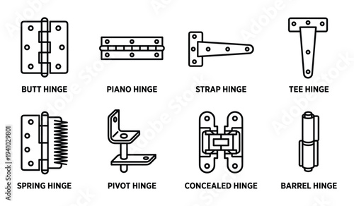 Different types of door hinges icons set with butt piano strap tee spring and concealed mechanisms