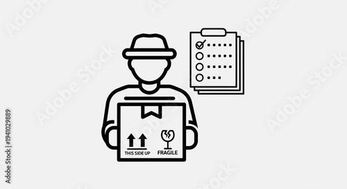 Delivery Person Holding Package with Checklist Icon, Vector Illustration for Logistics and Shipping Services, Business Concept