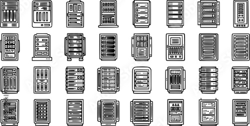 Technology Data Center Server Racks, Network Equipment, and Computer Servers Black  White Line Art Icons Collection