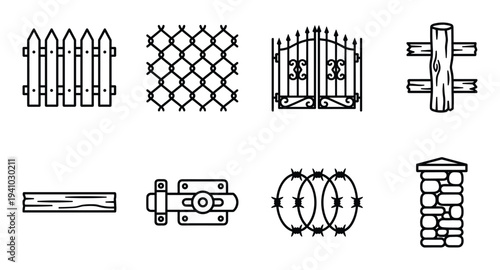 Fence line icons depicting different fence styles such as barbed wire chain and wood plank design