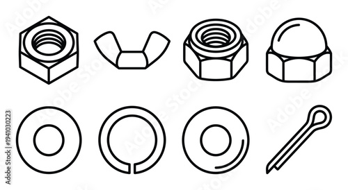Fasteners and hardware components icons set including hex nuts wing nuts washers and cotter pins