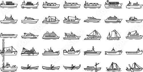 Marine Vessels and Boats Black and White Line Art Icon Set  Maritime Transportation, Travel  Logistics Doodle Collection
