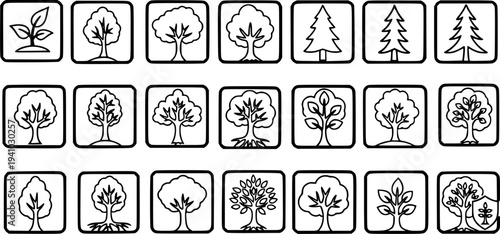 Nature and Environment Line Art Tree Icons Set. Black and White Outline Plants, Saplings, and Forest Glyphs for Eco, Sustainability, and Growth Concepts.