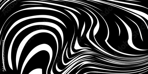 Black and white striped liquid paint effect vector seamless pattern. Wavy psychedelic background of moving liquid. Modern zebra backdrop. Groovy 1970s style.