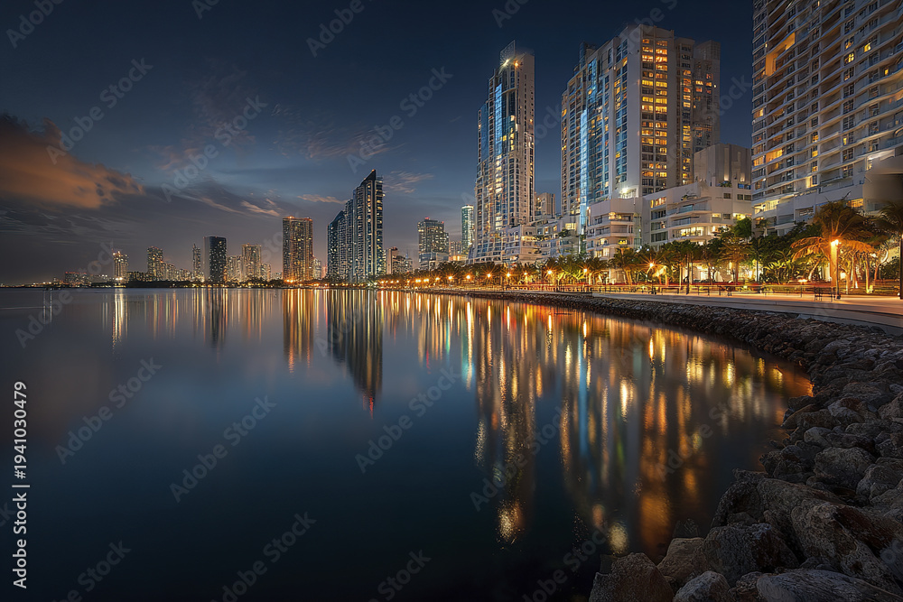 Fototapeta premium Urban waterfront skyline at night with illuminated modern buildings reflecting on calm water, creating peaceful and vibrant cityscape atmosphere