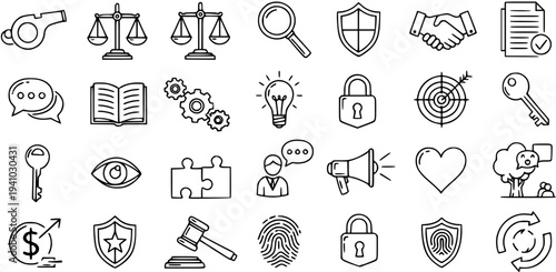 Black and White Line Art Icons: Law, Security, Business, Finance, and Communication