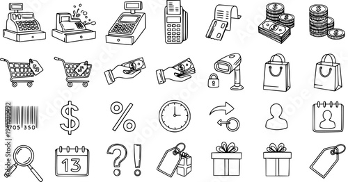 Black and White Line Art Icons for E-commerce and Retail: Cash Registers, Shopping Carts, Money, and More