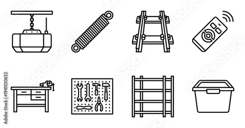 Hardware set of outline icons representing equipment such as tool bench toolbox and other objects