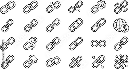 Black and White Line Art Icons of Chain Links - Industry, Technology, Finance Symbols