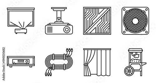 Home cinema technology icons including projector screen amplifier acoustic panel cables and popcorn