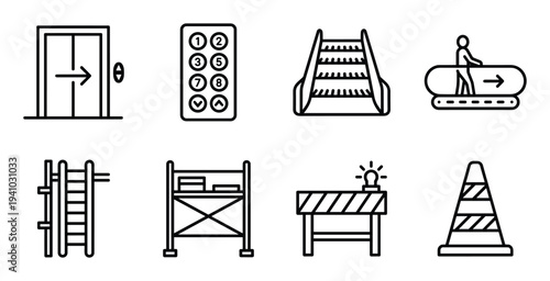 Lift and ladder black line vector icons set construction safety element and equipment facility