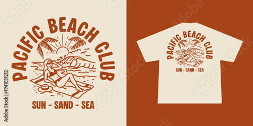 Hand-drawn Retro illustration of summer club, surfing Graphic Design for T shirt streetwear and urban style