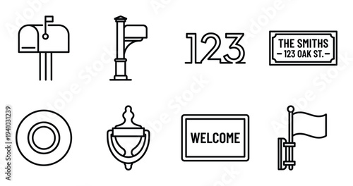 Outdoor house sign plate number welcome mat and front door decoration elements collection isolated