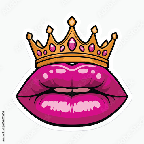 Glossy pink cartoon lips wearing a large golden crown symbolizes royal feminine power
