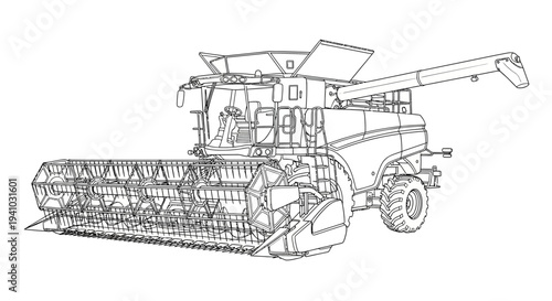 Detailed line drawing of a modern combine harvester, an essential agricultural machine for crop harvesting.